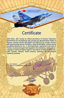 Incredible Adventures is Certified to arrange MiG flights over Russia by NAZ Sokol, JSC CLICK TO ENLARGE
